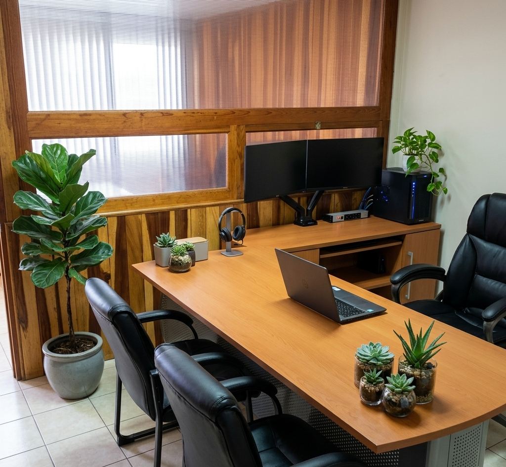 Oficina de SercomIT con escritorio, monitores y sillas para reuniones